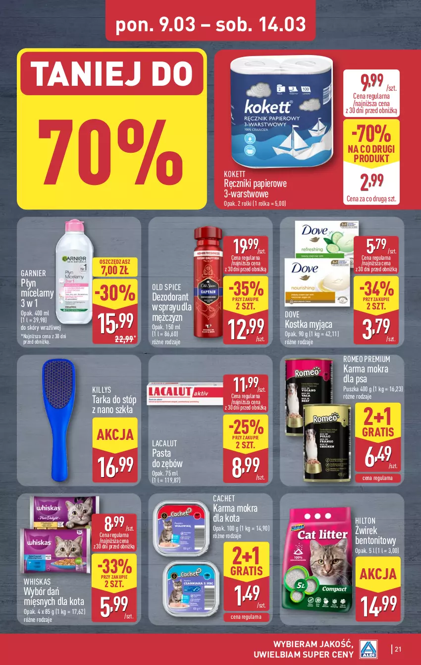 Gazetka promocyjna Aldi - Pełna oferta - ważna 09.03 do 14.03.2026 - strona 21 - produkty: Dezodorant, Dove, Garnier, Gra, Killys, Kostka myjąca, Lacalut, Old Spice, Papier, Pasta do zębów, Płyn micelarny, Ręcznik, Ręczniki papierowe, Rolki, Tarka, Tarka do stóp, Whiskas
