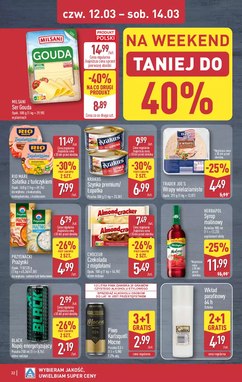 Gazetka promocyjna Aldi - Pełna oferta - ważna 09.03 do 14.03.2026 - strona 32 - produkty: Beko, Czekolada, Gouda, Gra, Herbapol, Karlsquell, Krakus, Kuskus, Lack, Napój, Piwa, Piwo, Przysnacki, Rio Mare, Sałat, Sałatka, Ser, Suplement diety, Syrop, Szynka, Szynka premium, Tuńczyk