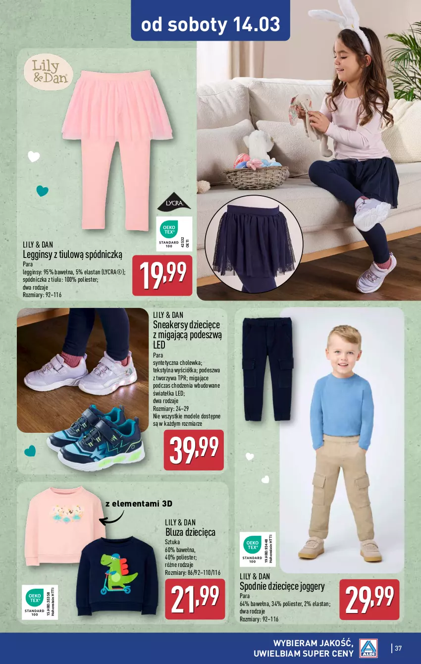 Gazetka promocyjna Aldi - Pełna oferta - ważna 09.03 do 14.03.2026 - strona 37 - produkty: Bluza, Dzieci, Gin, Legginsy, Sneakersy, Spodnie, Wełna