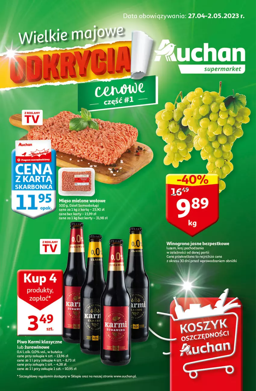 Gazetka promocyjna Auchan - Gazetka Wielkie majowe odkrycia cenowe Supermarket Auchan - ważna 27.04 do 02.05.2023 - strona 1 - produkty: Fa, Karmi, Mięso, Mięso mielone, Piwo, Wino, Winogrona