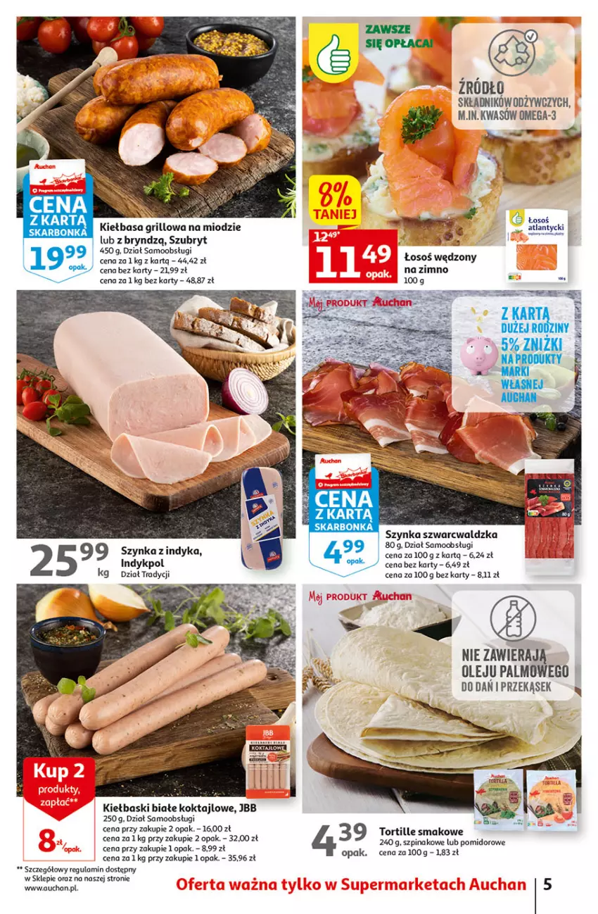 Gazetka promocyjna Auchan - Gazetka Wielkie majowe odkrycia cenowe Supermarket Auchan - ważna 27.04 do 02.05.2023 - strona 5 - produkty: Grill, Hask, Kiełbasa, Olej, Omega-3, Szpinak, Szubryt, Szynka