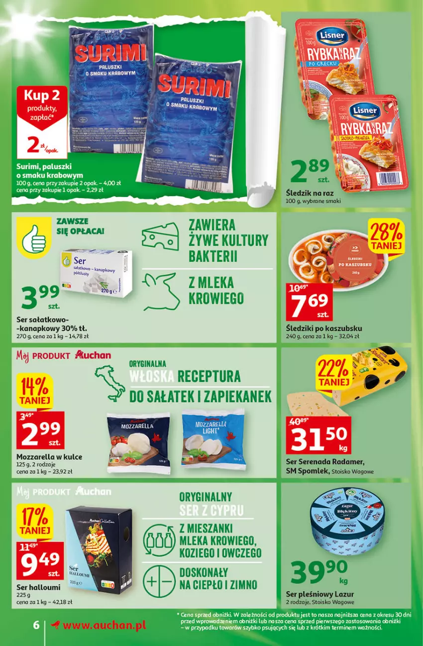 Gazetka promocyjna Auchan - Gazetka Wielkie majowe odkrycia cenowe Supermarket Auchan - ważna 27.04 do 02.05.2023 - strona 6 - produkty: Fa, Gin, Lazur, Mozzarella, Radamer, Sałat, Ser, Ser pleśniowy