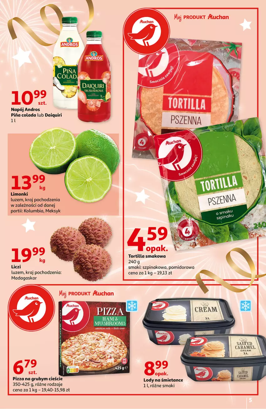 Gazetka promocyjna Auchan - Przywitaj Nowy Rok w dobrym stylu Hipermarkety - ważna 27.12 do 31.12.2021 - strona 5 - produkty: Liczi, Lody, Mus, Napój, Pizza, Szpinak, Tortilla