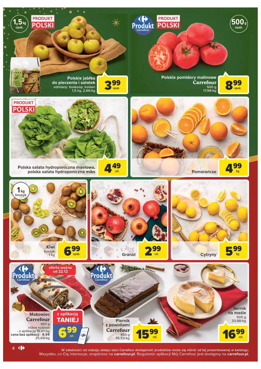 Gazetka promocyjna Carrefour - Gazetka Gazetka Market Gorzów Wielkopolski - ważna 19.12 do 24.12.2022 - strona 4 - produkty: Jabłka, Kiwi, Kosz, Makowiec, Masło, Piec, Piernik, Pomidory, Sałat