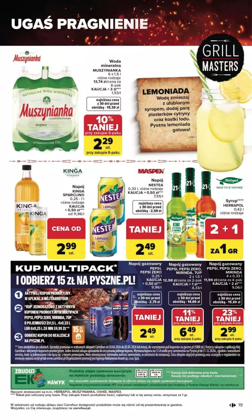Gazetka promocyjna Carrefour - Gazetka Grill Cię wzywa od czwartku! - ważna 23.04 do 02.05.2026 - strona 20 - produkty: 7up, Cytryny, Herbapol, Lemoniada, Magnez, Mirinda, Mus, Muszynianka, Napój, Napój gazowany, Nestea, Oshee, Pepsi, Ser, Syrop, Woda