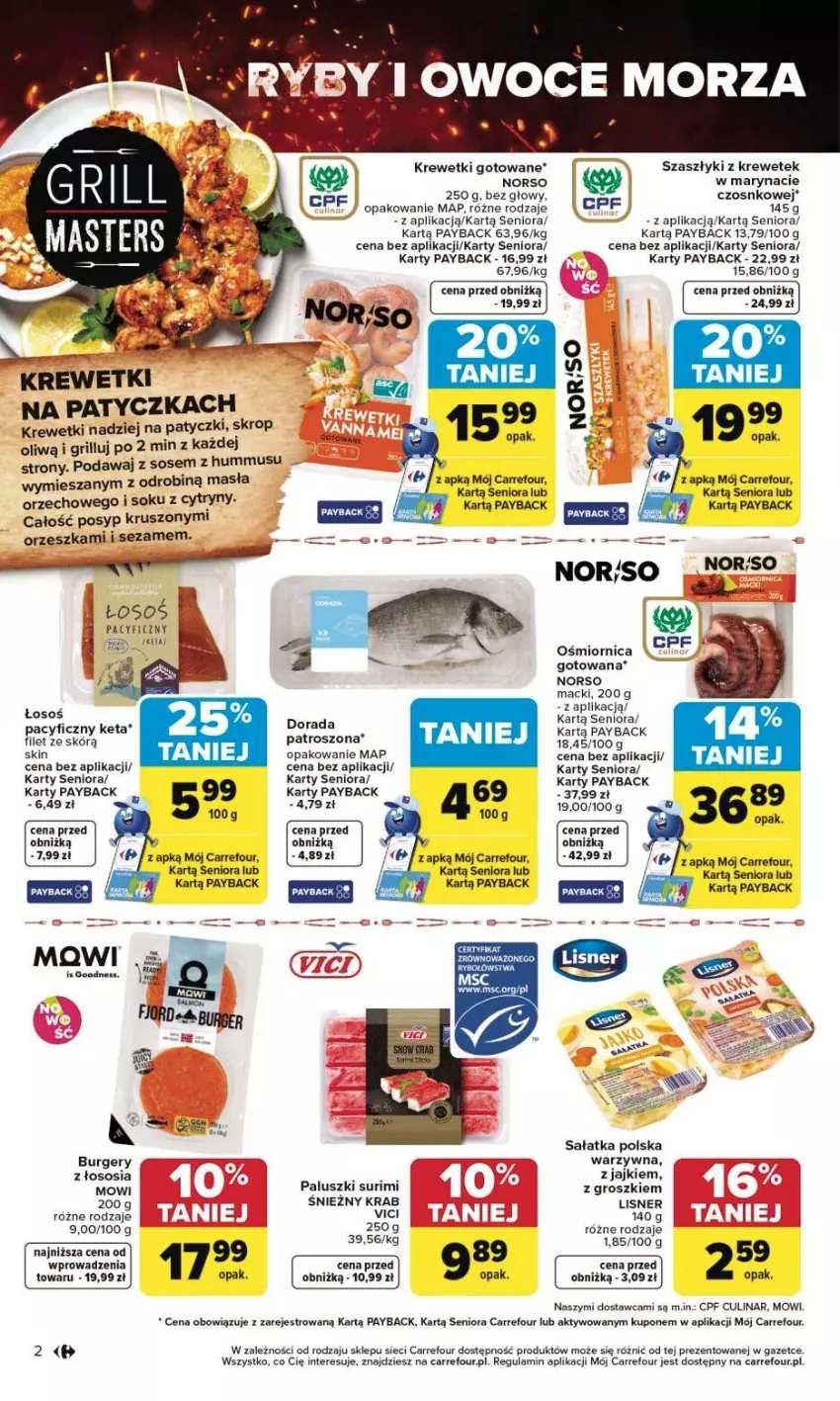 Gazetka promocyjna Carrefour - Gazetka Grill Cię wzywa od czwartku! - ważna 23.04 do 02.05.2026 - strona 3 - produkty: Burger, Cytryny, Fa, Grill, Hummus, Krewetki, Lisner, Mus, Owoce, Owoce morza, Sałat, Sałatka, Sezam, Sok, Sos, Surimi
