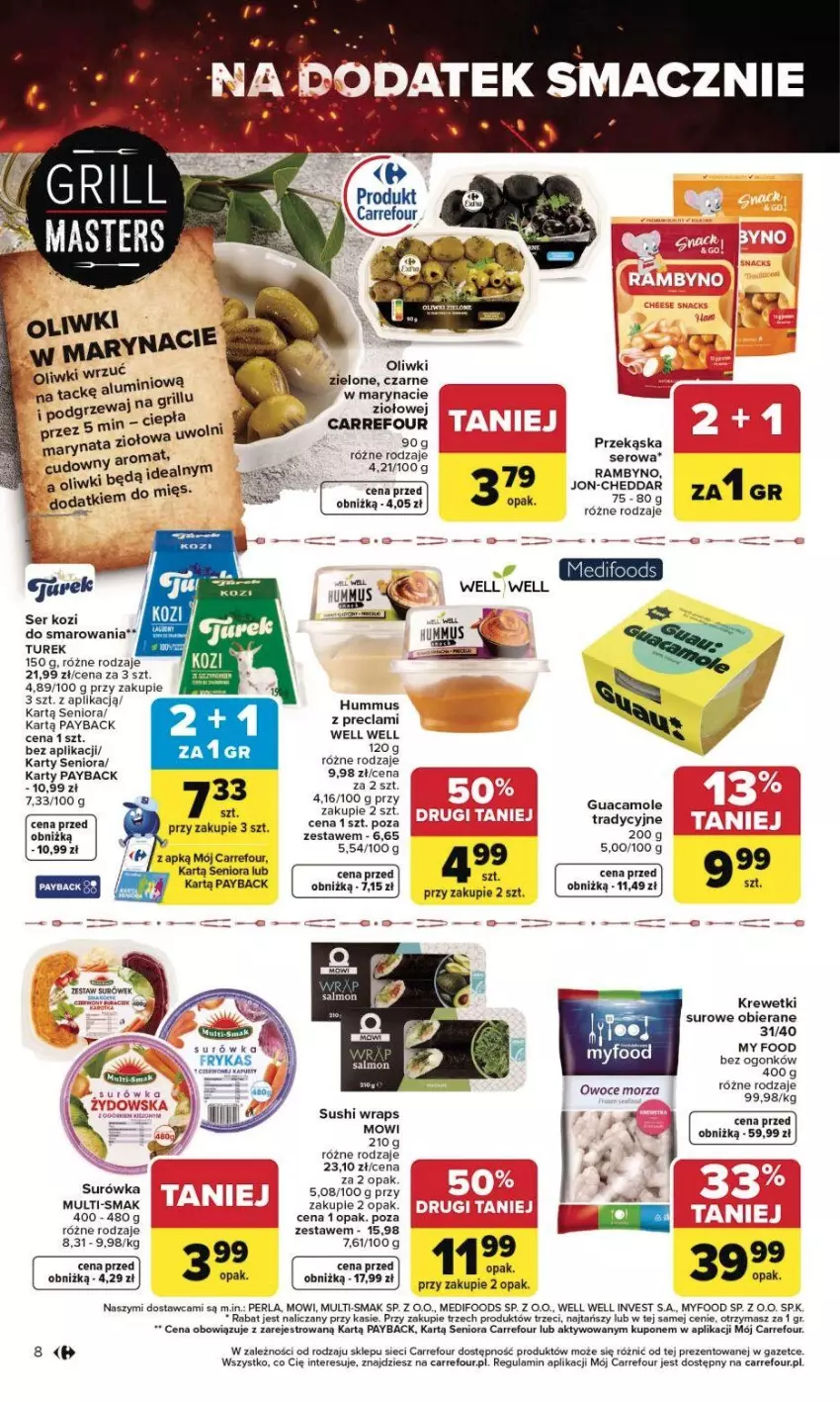 Gazetka promocyjna Carrefour - Gazetka Grill Cię wzywa od czwartku! - ważna 23.04 do 02.05.2026 - strona 9 - produkty: Fa, Hummus, Krewetki, Mus, Oliwki, Oliwki zielone, Róża, Ser, Ser kozi, Surówka, Sushi