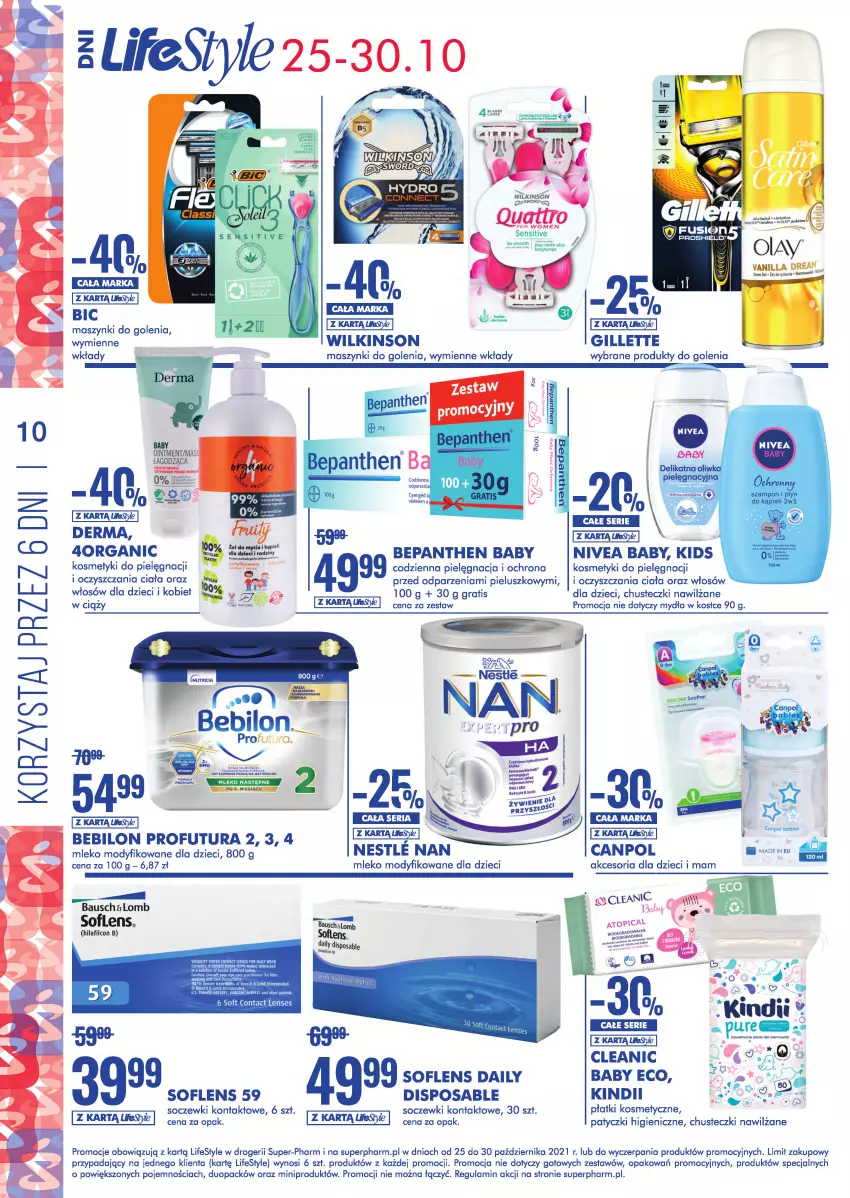 Gazetka promocyjna Super Pharm - Gazetka - ważna 25.10 do 30.10.2021 - strona 10 - produkty: Bepanthen, BIC, Canpol, Chusteczki, Cleanic, Dzieci, Gillette, Gra, Halo, Kindii, Kosmetyki do pielęgnacji, Mleko, Mleko modyfikowane, Nivea, Nivea Baby, O nas, Płatki kosmetyczne, Ser, Serek, Soczewki kontaktowe, Top