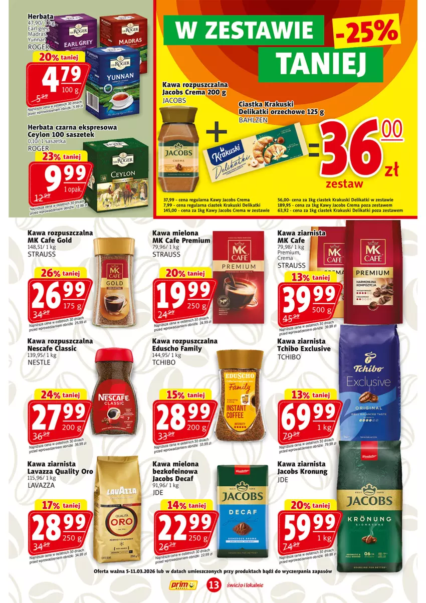 Gazetka promocyjna Prim Market - ważna 05.03 do 11.03.2026 - strona 13 - produkty: Ciastka, Earl Grey, Fa, Gin, Herbata, Herbata czarna, Jacobs, Kawa, Kawa mielona, Kawa rozpuszczalna, Kawa ziarnista, Krakus, Krakuski, Lavazza, Stek, Tchibo