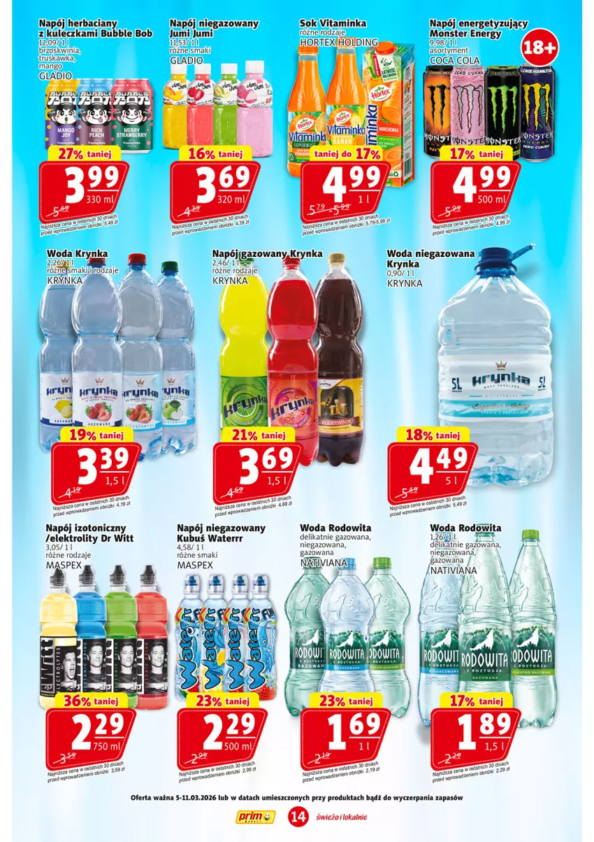 Gazetka promocyjna Prim Market - ważna 05.03 do 11.03.2026 - strona 14 - produkty: Gra, Hortex, Inka, Kubuś, Kubuś Waterrr, Mango, Napój, Napój izotoniczny, Napój niegazowany, Sok, Woda, Woda niegazowana