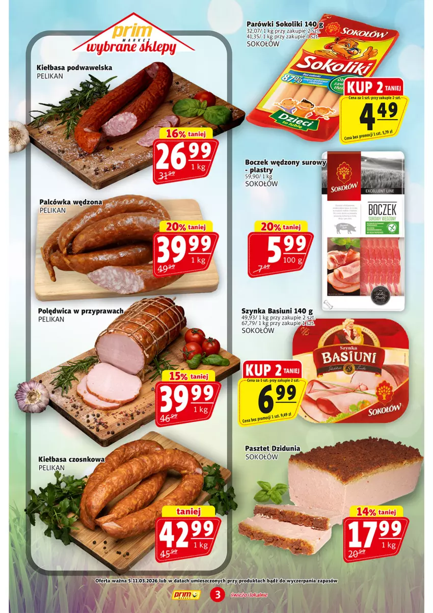 Gazetka promocyjna Prim Market - ważna 05.03 do 11.03.2026 - strona 3 - produkty: Boczek, Kiełbasa, Kiełbasa podwawelska, Pasztet, Sok, Sokołów, Wawel