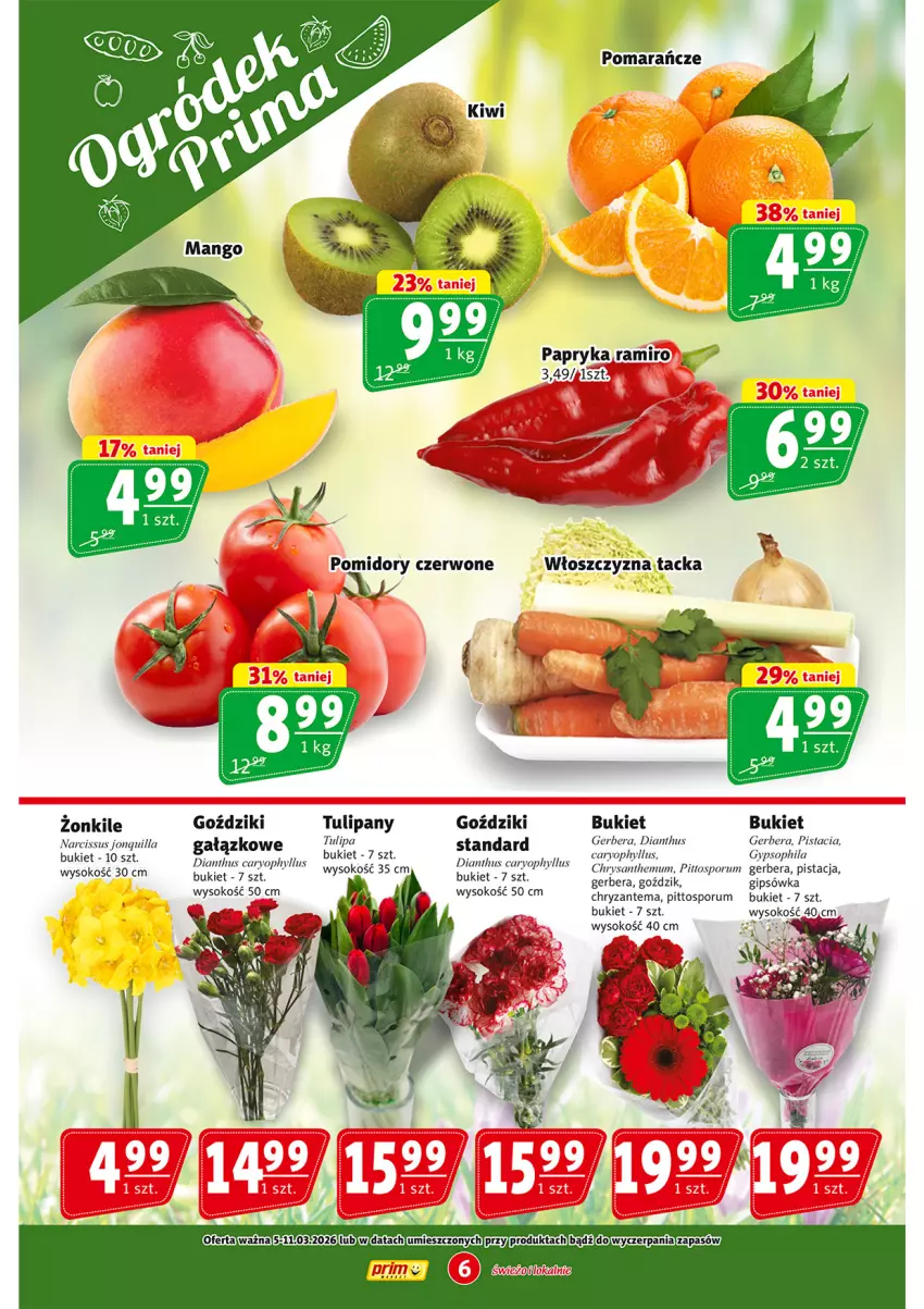 Gazetka promocyjna Prim Market - ważna 05.03 do 11.03.2026 - strona 6 - produkty: Bukiet, Chryzantema, Gerber, Papryka, Pomidory, Por, Rum, Sok, Tulipan