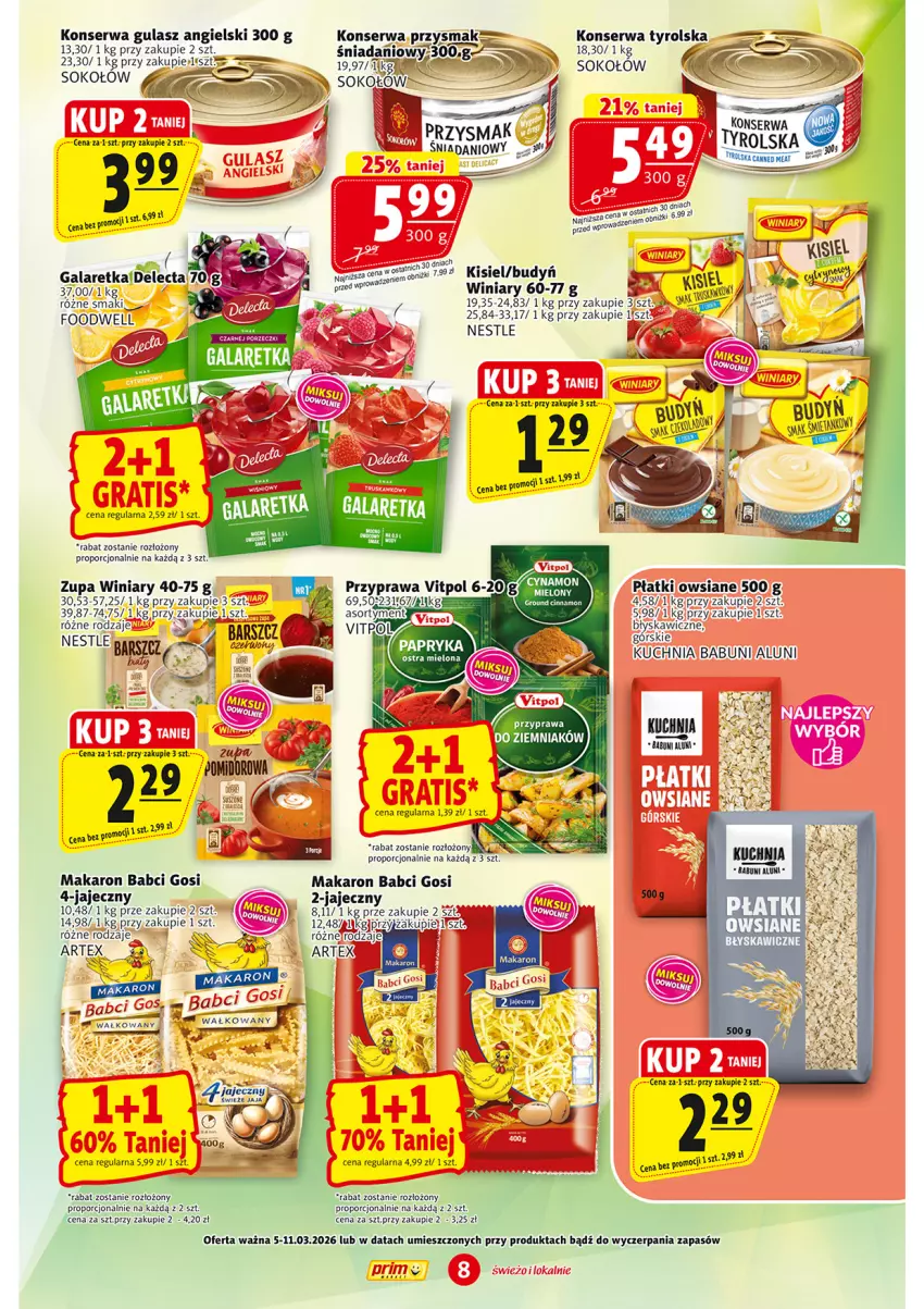 Gazetka promocyjna Prim Market - ważna 05.03 do 11.03.2026 - strona 8 - produkty: Babuni, Budyń, Danio, Delecta, Fa, Gala, Galaretka, Kisiel, Kuchnia, Makaron, Płatki owsiane, Por, Ser, Sok, Sokołów, Winiary, Zupa