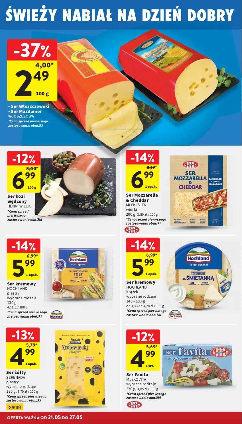 Gazetka promocyjna Intermarche - Gazetka promocyjna - ważna 21.05 do 27.05.2026 - strona 22 - produkty: Cheddar, Fa, Favita, Hochland, Mazdamer, Mleko, Mlekovita, Mozzarella, Ser, Ser kozi, Włoszczowski