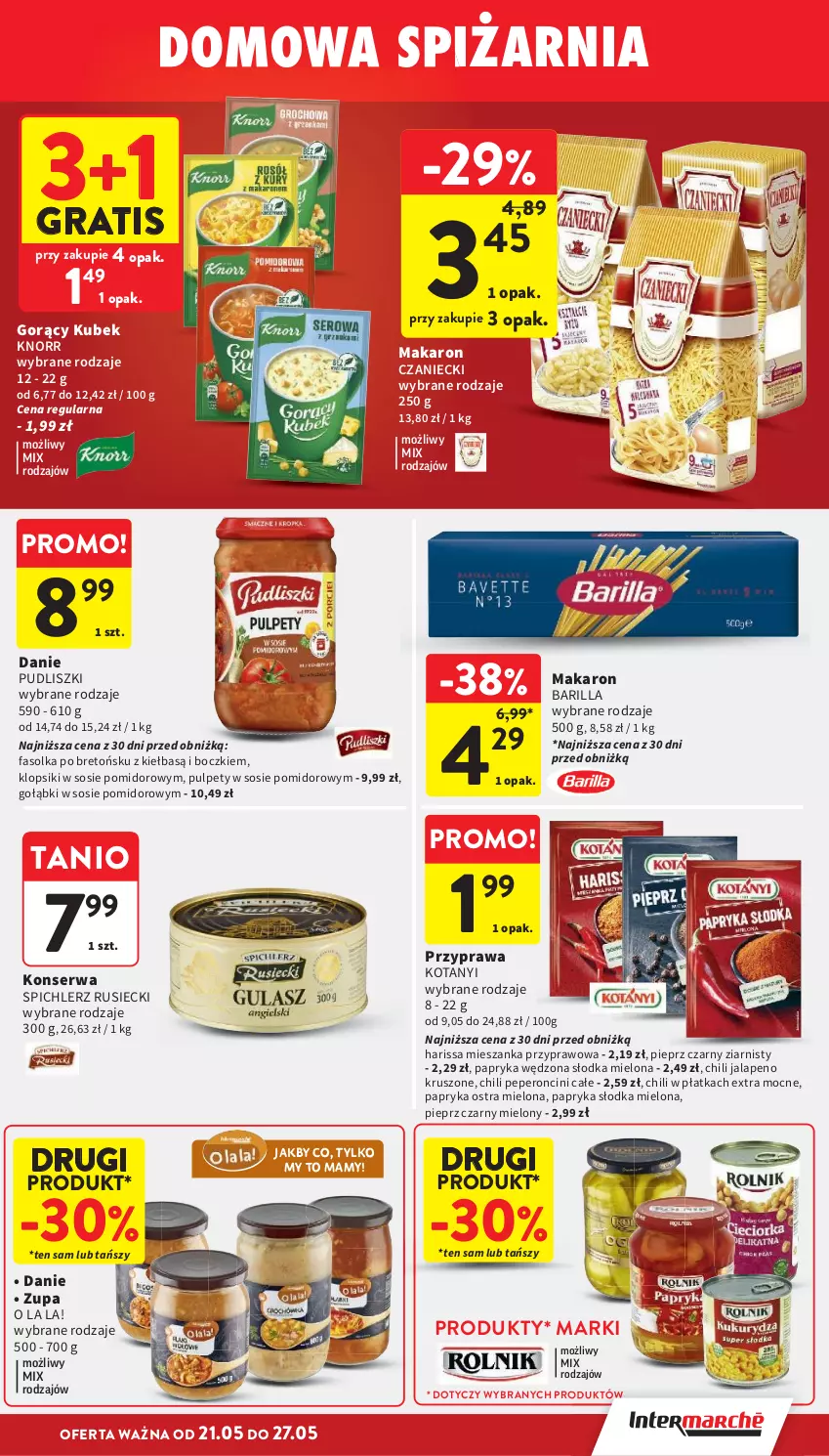 Gazetka promocyjna Intermarche - Gazetka promocyjna - ważna 21.05 do 27.05.2026 - strona 31 - produkty: Barilla, Fa, Gra, Klopsiki, Knorr, Kubek, Makaron, Papryka, Papryka słodka, Papryka wędzona, Pieprz, Pudliszki, Pulpety, Ser, Sos, Spichlerz Rusiecki, Zupa