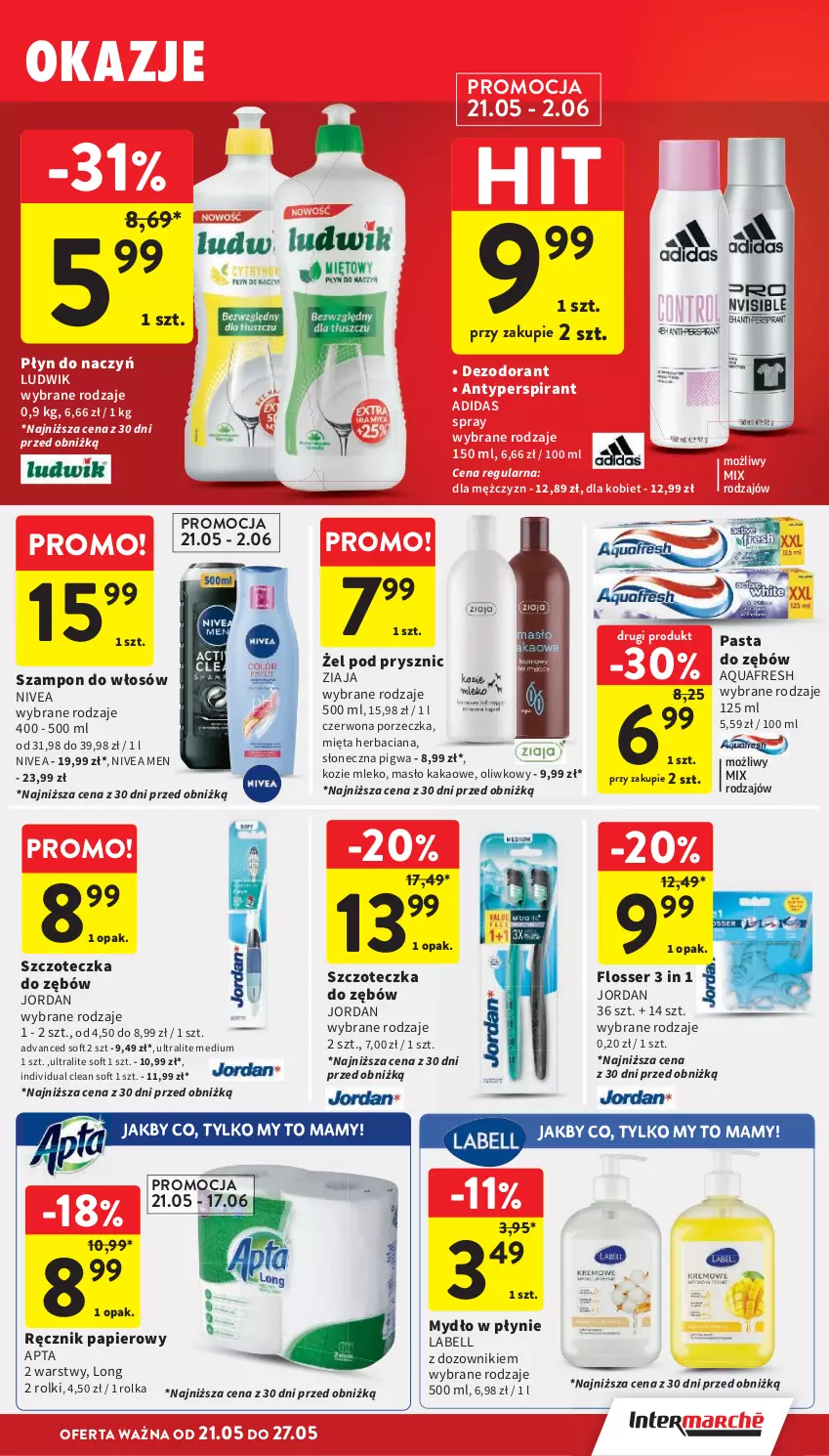 Gazetka promocyjna Intermarche - Gazetka promocyjna - ważna 21.05 do 27.05.2026 - strona 39 - produkty: Adidas, Antyperspirant, Aquafresh, Bell, Dezodorant, Dozownik, Kakao, Ludwik, Masło, Mięta, Mleko, Mydło, Mydło w płynie, Nivea, Nivea Men, Papier, Pasta do zębów, Por, Ręcznik, Rolki, Ser, Szampon, Szczoteczka, Szczoteczka do zębów, Ziaja