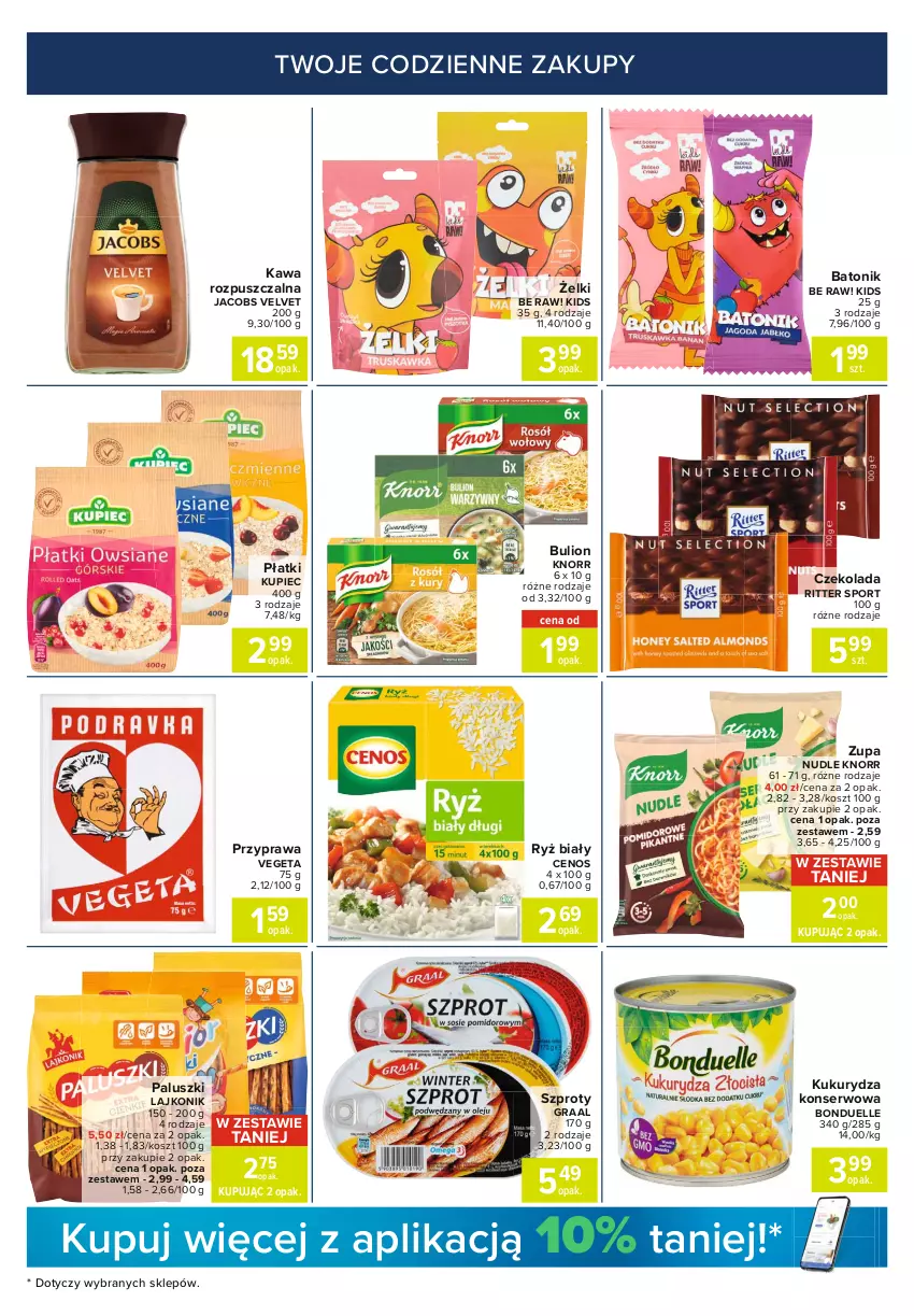 Gazetka promocyjna Carrefour - Gazetka Express - ważna 12.10 do 18.10.2021 - strona 3 - produkty: Baton, Bonduelle, Bulion, Cenos, Czekolada, Gra, Graal, Jacobs, Jacobs Velvet, Kawa, Kawa rozpuszczalna, Knorr, Kosz, Kukurydza, Kukurydza konserwowa, Kupiec, Lajkonik, Lion, Piec, Por, Ritter Sport, Ryż, Ryż biały, Ser, Sport, Szprot, Tonik, Vegeta, Velvet, Zupa