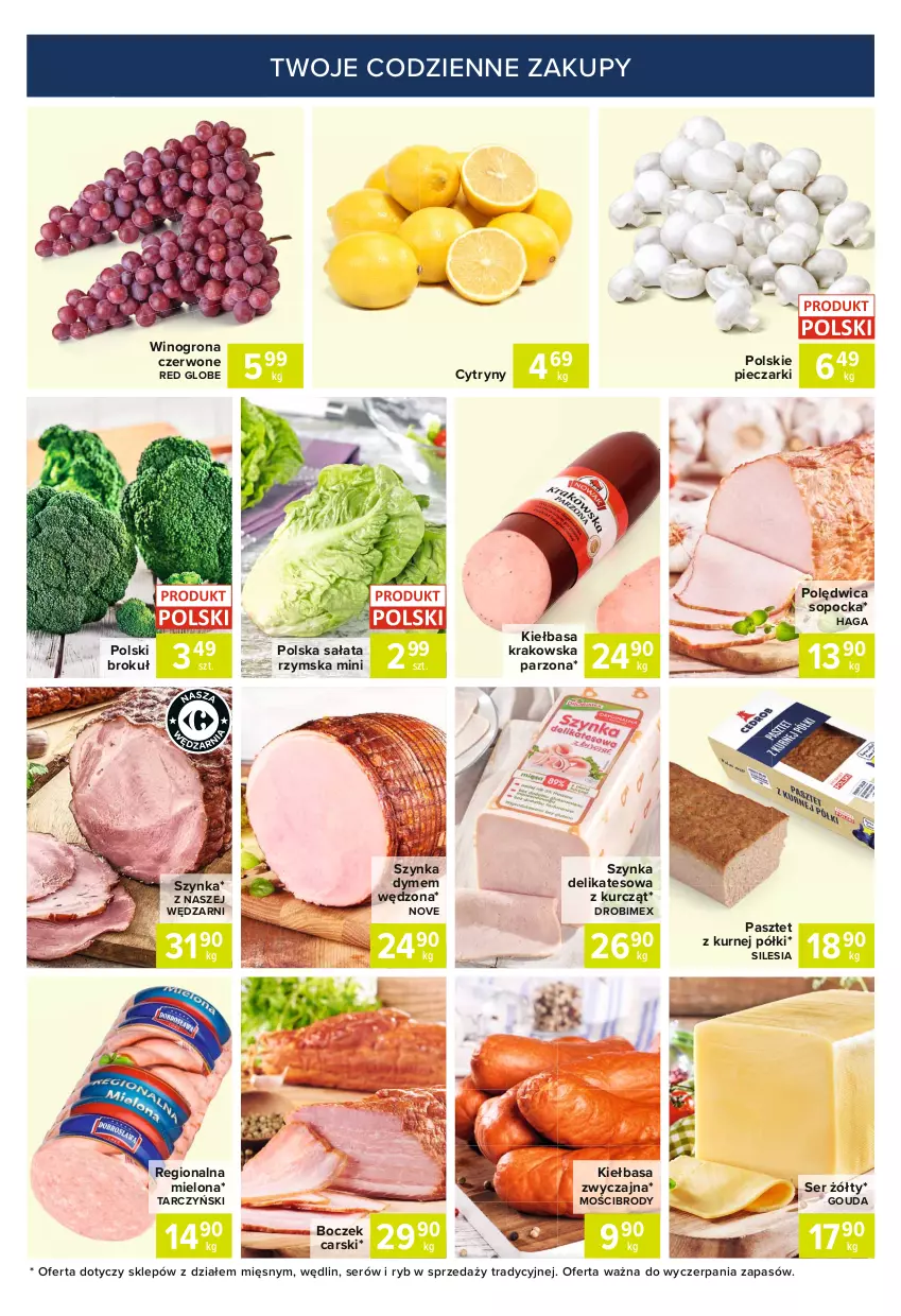 Gazetka promocyjna Carrefour - Gazetka Express - ważna 12.10 do 18.10.2021 - strona 5 - produkty: Boczek, Cars, Cytryny, Drobimex, Gouda, Kiełbasa, Kiełbasa krakowska, Pasztet, Piec, Polędwica, Sałat, Ser, Szynka, Szynka delikatesowa, Tarczyński, Wino, Winogrona