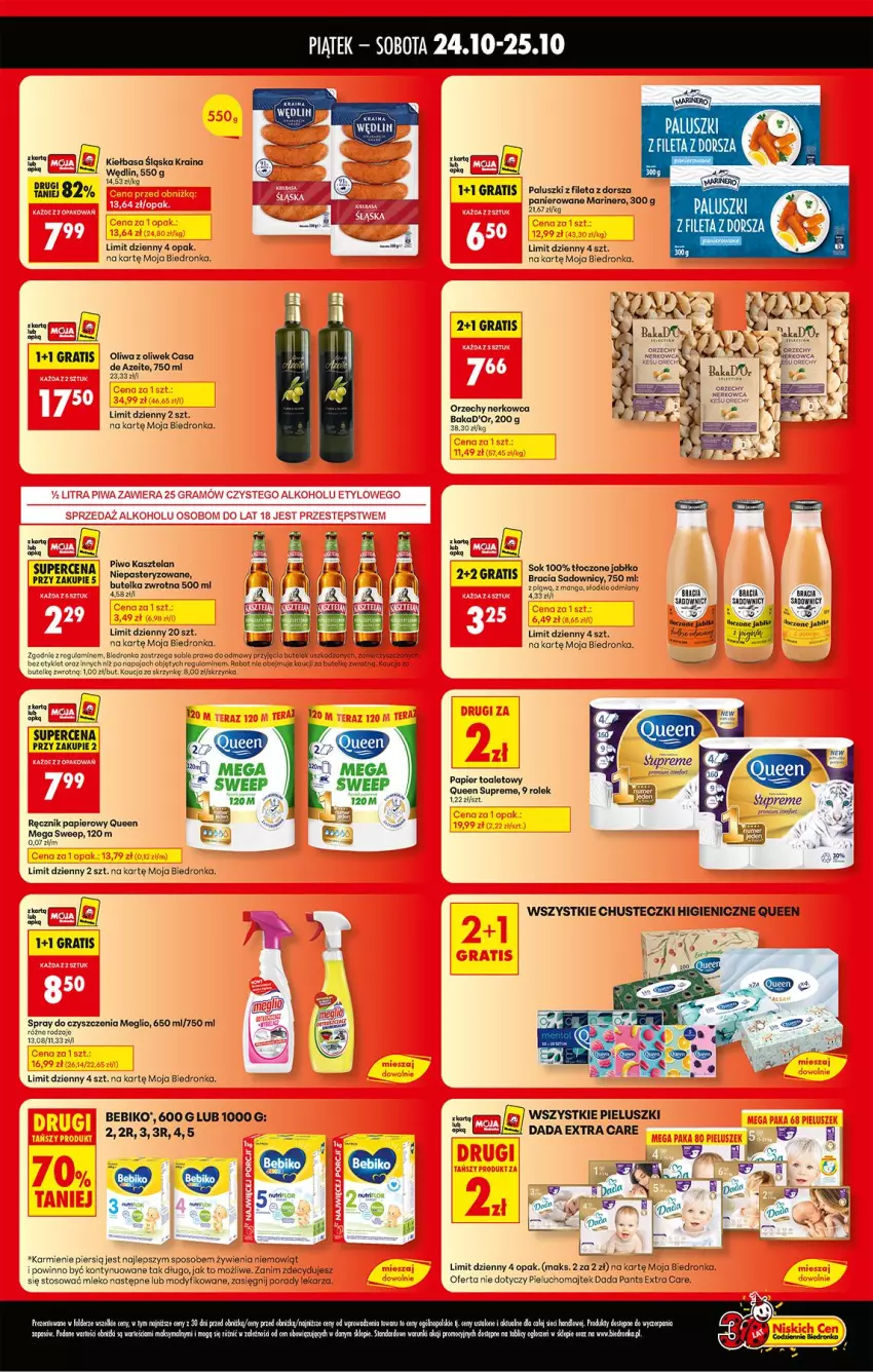 Gazetka promocyjna Biedronka - Tani Weekend - ważna 24.10 do 25.10.2025 - strona 2 - produkty: Bebiko, Dada, Dorsz, Gra, Karmi, Kasztelan, Kiełbasa, Kiełbasa śląska, Mango, Miecz, Mleko, O nas, Oliwa, Oliwa z oliwek, Papier, Papier toaletowy, Piwo, Por, Ręcznik, Sok, Spray do czyszczenia