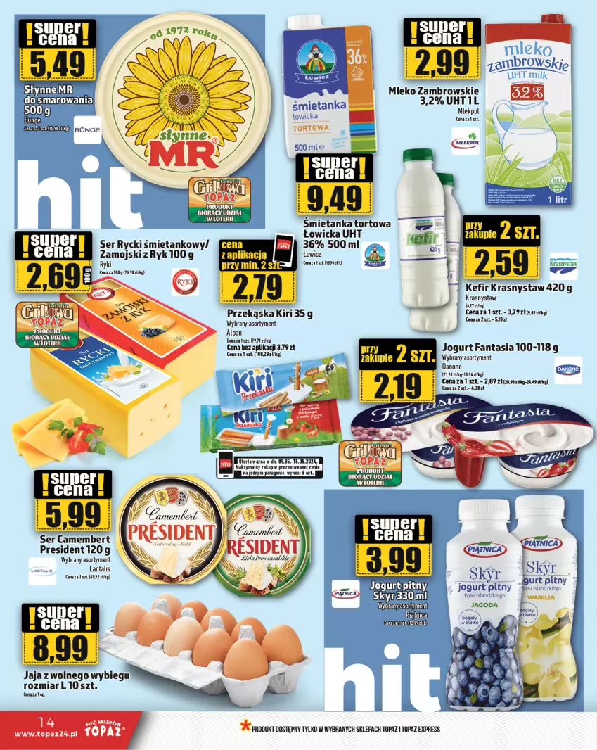 Gazetka promocyjna Topaz - Gazetka - ważna 09.05 do 15.05.2024 - strona 14 - produkty: Camembert, Danone, Fa, Fanta, Jaja, Jaja z wolnego wybiegu, Jogurt, Kefir, Mleko, Piątnica, Ser, Słynne, Top