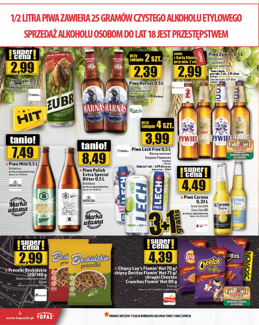 Gazetka promocyjna Topaz - Gazetka - ważna 09.05 do 15.05.2024 - strona 4 - produkty: Beskidzki, Chipsy, Coca-Cola, Fa, Piwo, Precelki, Top