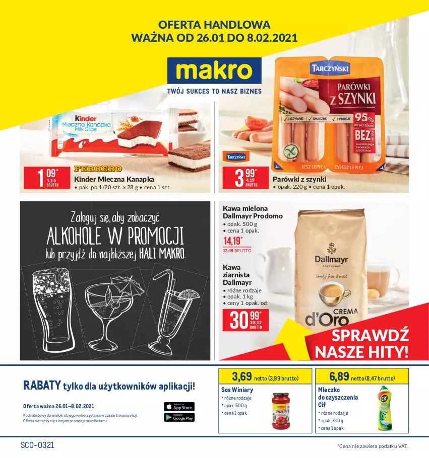 Gazetka promocyjna Makro - [Oferta promocyjna] Artykuły spożywcze - ważna 26.01 do 08.02.2021 - strona 1 - produkty: Cif, Dallmayr, Kawa, Kawa mielona, Kawa ziarnista, Kinder, Mleczko, Mleczna kanapka, Parówki, Parówki z szynki, Sos, Winiary