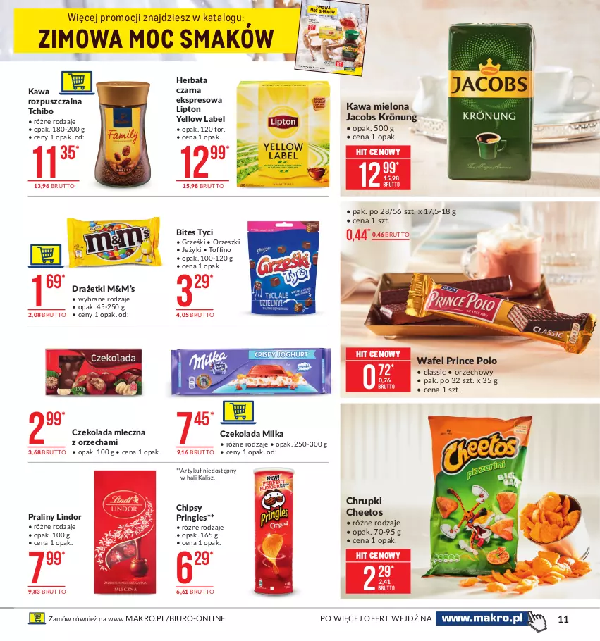 Gazetka promocyjna Makro - [Oferta promocyjna] Artykuły spożywcze - ważna 26.01 do 08.02.2021 - strona 11 - produkty: Alkohole, Biuro, Cheetos, Chipsy, Chrupki, Czekolada, Czekolada mleczna, Grześki, Herbata, Herbata czarna, Jacobs, Jacobs Krönung, Jeżyki, Kawa, Kawa mielona, Kawa rozpuszczalna, Lindor, Lipton, Milka, Orzeszki, Praliny, Prince Polo, Pringles, Tchibo, Toffino