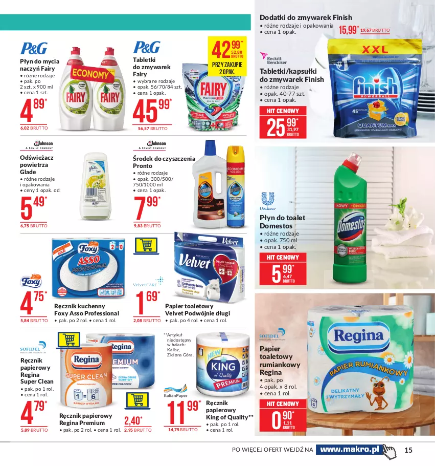 Gazetka promocyjna Makro - [Oferta promocyjna] Artykuły spożywcze - ważna 26.01 do 08.02.2021 - strona 15 - produkty: Do mycia naczyń, Domestos, Fa, Fairy, Finish, Foxy, Gin, Odświeżacz powietrza, Papier, Papier toaletowy, Płyn do mycia, Płyn do mycia naczyń, Pronto, Ręcznik, Ręcznik kuchenny, Rum, Tablet, Velvet