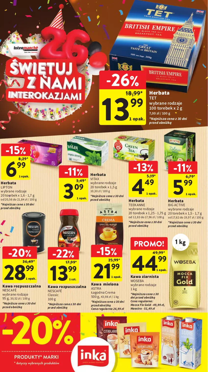 Gazetka promocyjna Intermarche - Gazetka Intermarche - ważna 12.10 do 18.10.2023 - strona 34 - produkty: Herbata, Kawa, Kawa mielona, Kawa rozpuszczalna, Kawa ziarnista, Lipton, Mocca Fix Gold, Nescafé, Teekanne, Vitax, Woseba