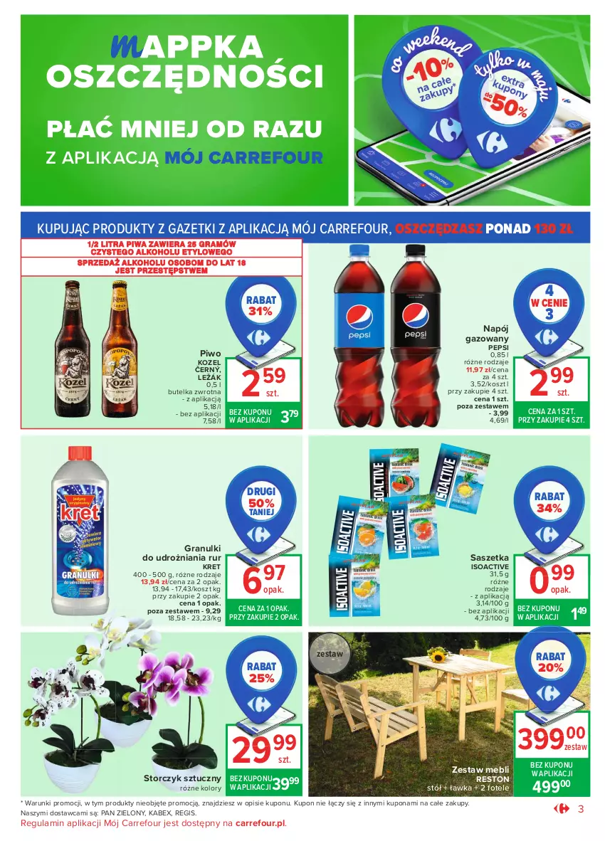 Gazetka promocyjna Carrefour - Gazetka Market - ważna 17.05 do 29.05.2021 - strona 3 - produkty: Fotel, Gra, Kosz, Kozel, Kret, Napój, Napój gazowany, Pepsi, Piwa, Piwo, Stół, Storczyk