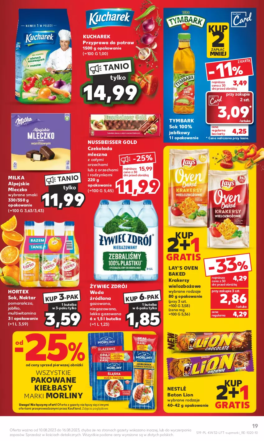 Gazetka promocyjna Kaufland - Gazetka tygodnia - ważna 10.08 do 16.08.2023 - strona 19 - produkty: Baton, Czekolada, Czekolada mleczna, Gra, Hortex, Krakersy, Kucharek, LANA, Lay’s, Lion, Milka, Mleczko, Morliny, Nektar, Nestlé, Przyprawa do potraw, Ser, Sok, Tymbark, Waga, Woda