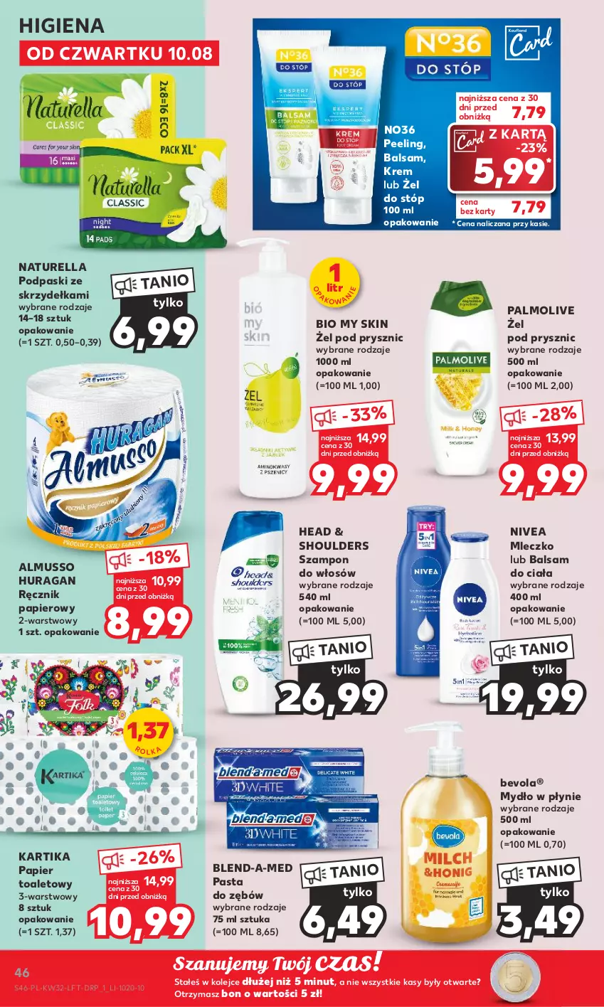 Gazetka promocyjna Kaufland - Gazetka tygodnia - ważna 10.08 do 16.08.2023 - strona 46 - produkty: Balsam do ciała, Blend-a-Med, Mleczko, Mus, Mydło, Mydło w płynie, Naturell, Naturella, Nivea, Olej, Palmolive, Papier, Papier toaletowy, Pasta do zębów, Peeling, Podpaski, Podpaski ze skrzydełkami, Ręcznik, Szampon