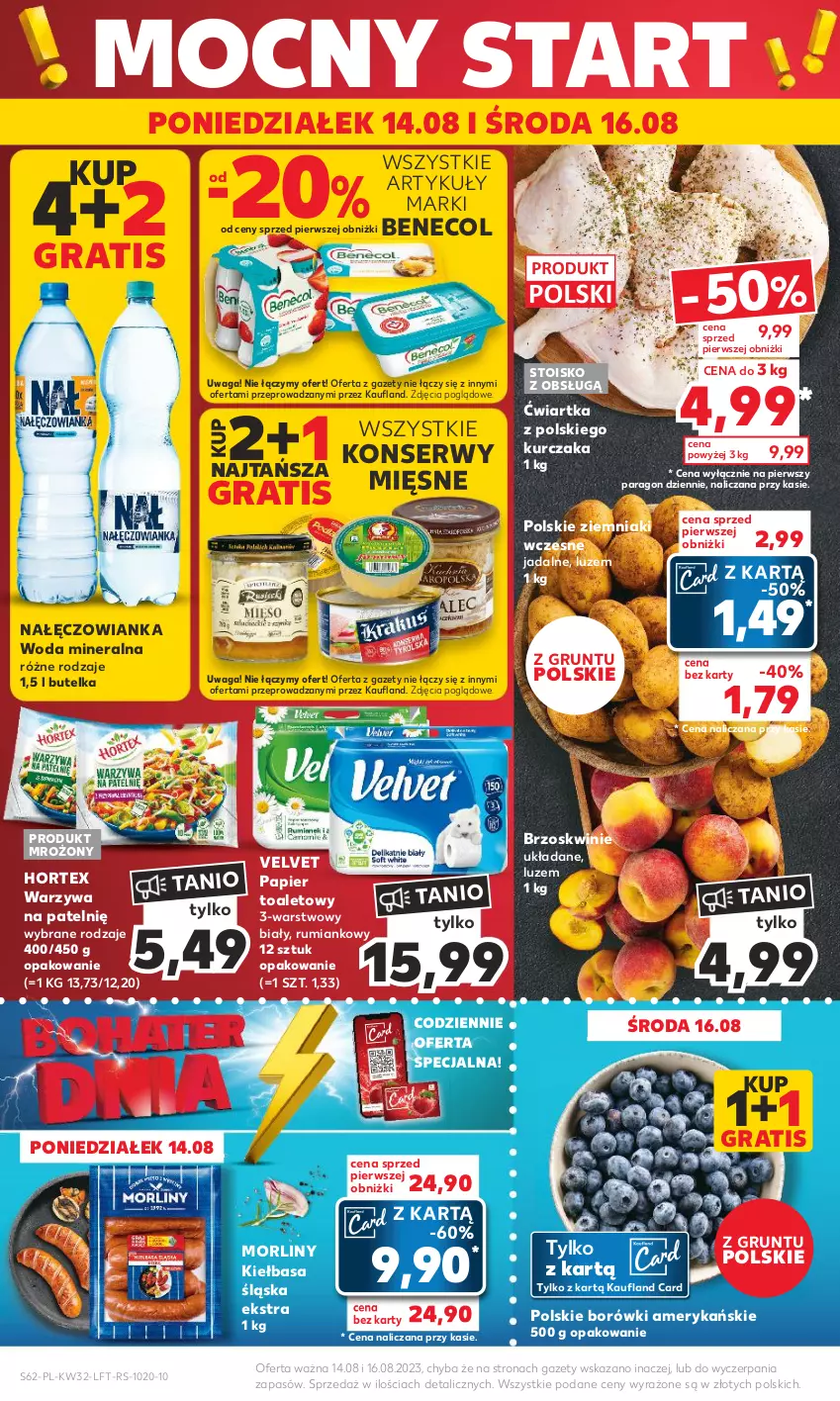 Gazetka promocyjna Kaufland - Gazetka tygodnia - ważna 10.08 do 16.08.2023 - strona 62 - produkty: Benecol, Brzoskwinie, Gra, Grunt, Hortex, Kiełbasa, Kiełbasa śląska, Kurczak, Morliny, Nałęczowianka, Papier, Papier toaletowy, Rum, Ser, Velvet, Waga, Warzywa, Woda, Woda mineralna, Ziemniaki