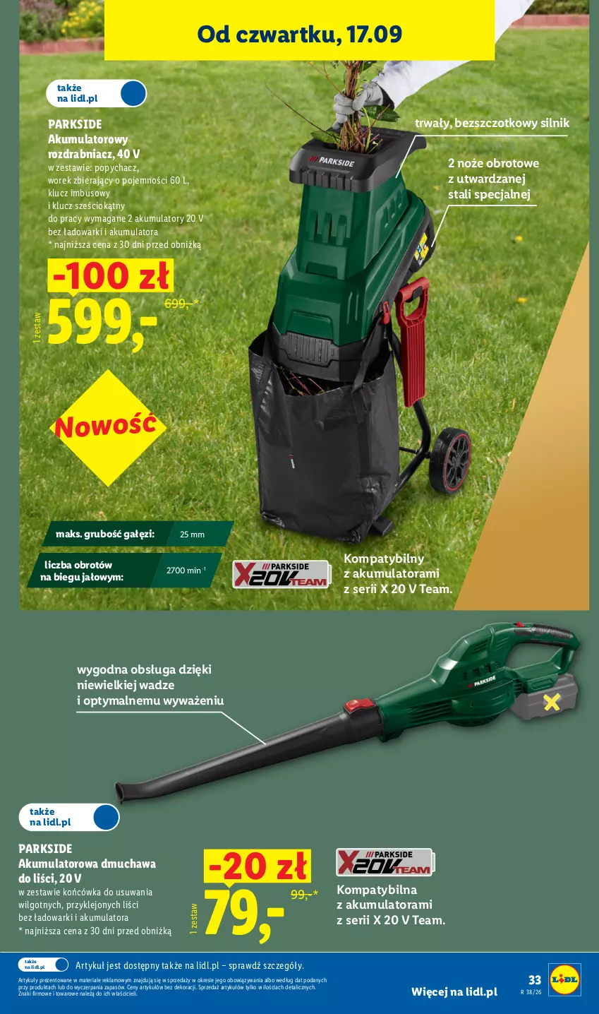 Gazetka promocyjna Lidl - Gazetka ważna od 14.09. do 19.09. - ważna 14.09 do 19.09.2026 - strona 41 - produkty: Akumulator, Dmuchawa do liści, Klej, LG, Noż, Parkside, Rozdrabniacz, Ser