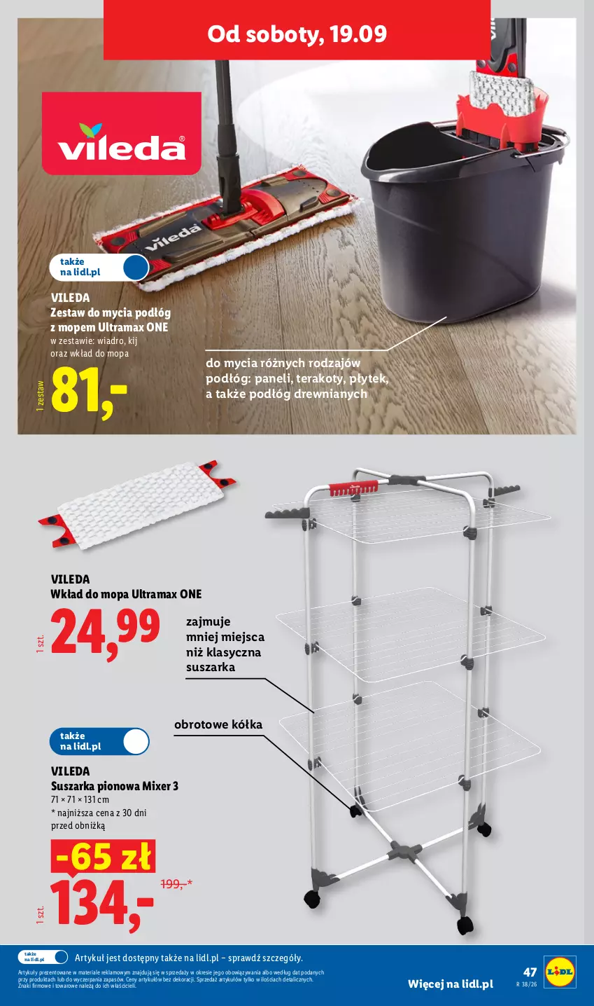 Gazetka promocyjna Lidl - Gazetka ważna od 14.09. do 19.09. - ważna 14.09 do 19.09.2026 - strona 57 - produkty: Mop, Rama, Suszarka, Tera, Vileda, Wiadro, Wkład do mopa