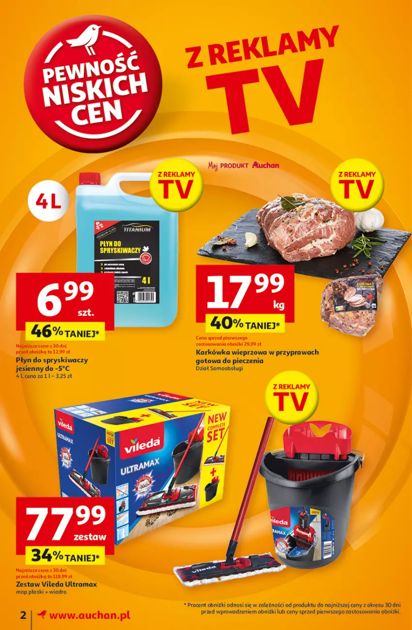 Gazetka promocyjna Auchan - Pewność Niskich Cen Moje - ważna 26.09 do 02.10.2024 - strona 2 - produkty: Karkówka wieprzowa, Mop, Piec, Płyn do spryskiwaczy, Rama, Vileda, Wiadro