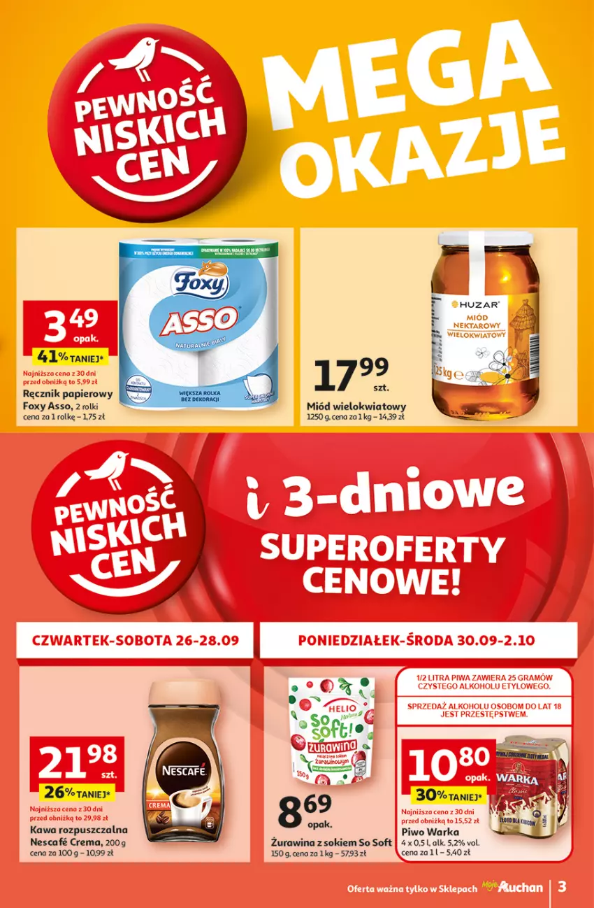 Gazetka promocyjna Auchan - Pewność Niskich Cen Moje - ważna 26.09 do 02.10.2024 - strona 3 - produkty: Foxy, Kawa, Kawa rozpuszczalna, Miód, Ocet, Papier, Piwo, Ręcznik, Rolki, Sok, Warka