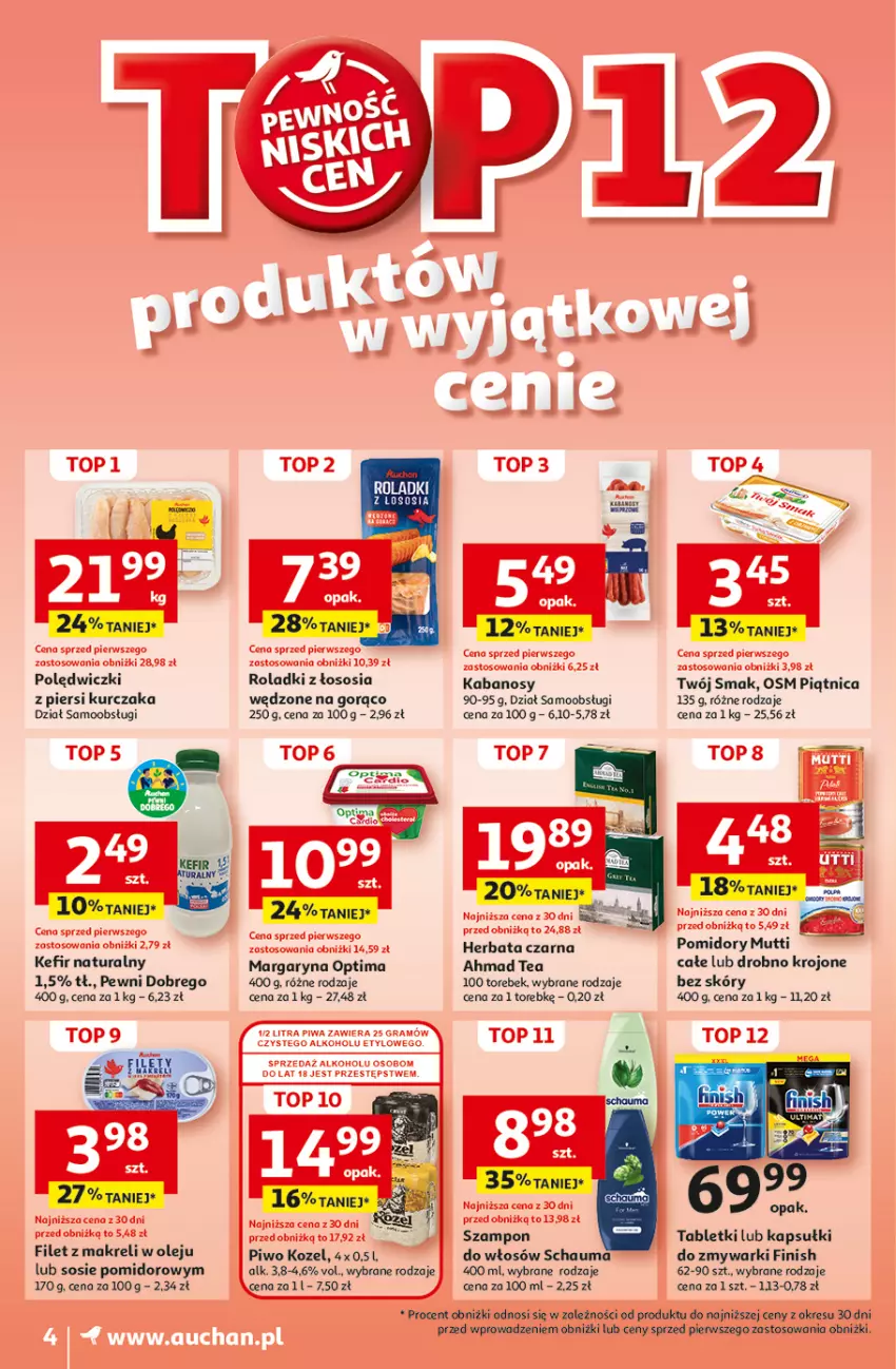 Gazetka promocyjna Auchan - Pewność Niskich Cen Moje - ważna 26.09 do 02.10.2024 - strona 6 - produkty: Fa, Filet z makreli, Finish, Gra, Herbata, Herbata czarna, Kabanos, Kefir, Kefir naturalny, Kozel, Kurczak, Margaryna, Olej, Optima, Piątnica, Piwa, Piwo, Pomidory, Schauma, Sos, Szampon, Tablet, Top, Twój Smak, Zmywarki