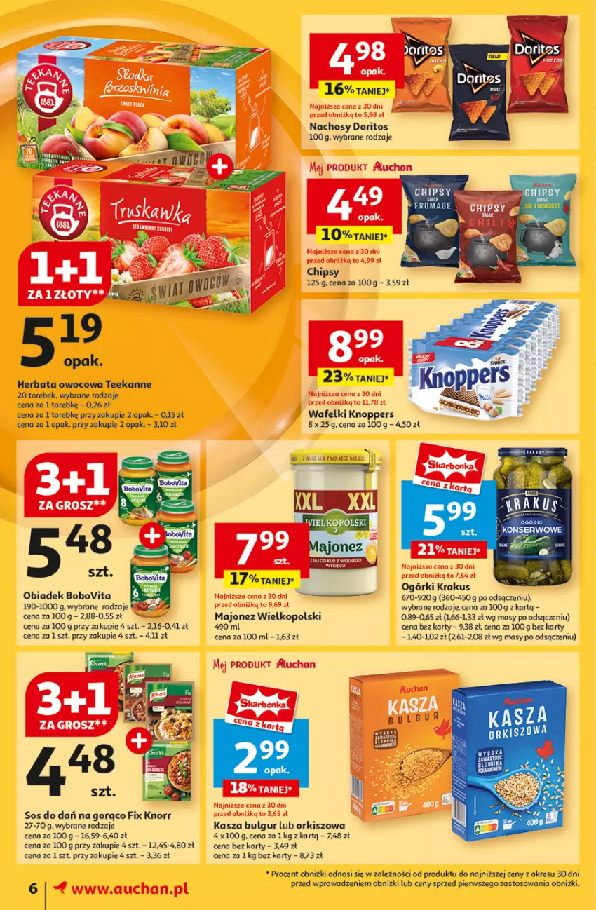 Gazetka promocyjna Auchan - Pewność Niskich Cen Moje - ważna 26.09 do 02.10.2024 - strona 8 - produkty: BoboVita, Bulgur, Chipsy, Fotel, Herbata, Herbata owocowa, Kasza, Knoppers, Knorr, Krakus, LG, Majonez, Ser, Sos, Teekanne