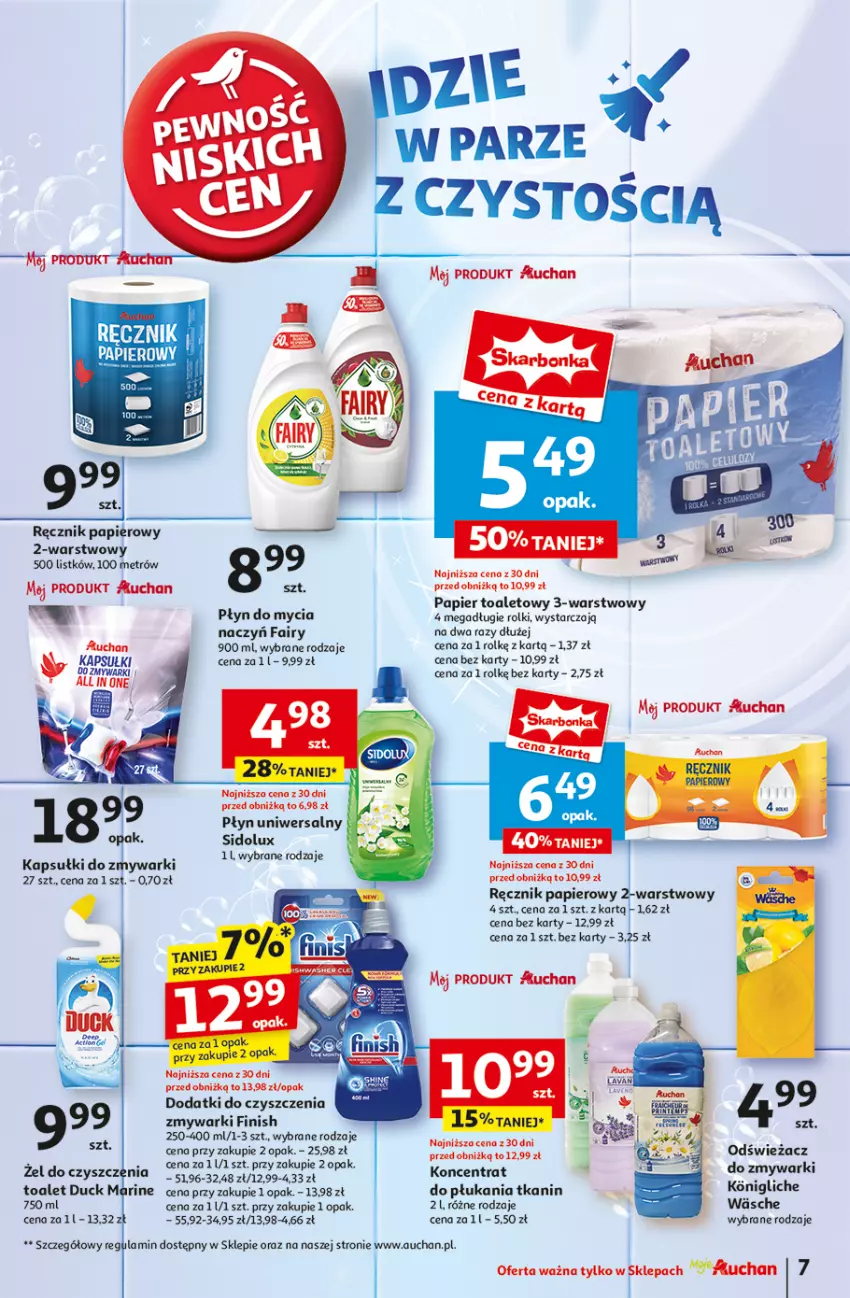 Gazetka promocyjna Auchan - Pewność Niskich Cen Moje - ważna 26.09 do 02.10.2024 - strona 9 - produkty: Do mycia naczyń, Duck, Fa, Fairy, Finish, Odświeżacz do zmywarki, Papier, Papier toaletowy, Płyn do mycia, Płyn do mycia naczyń, Ręcznik, Rolki, Sidolux, Zmywarki