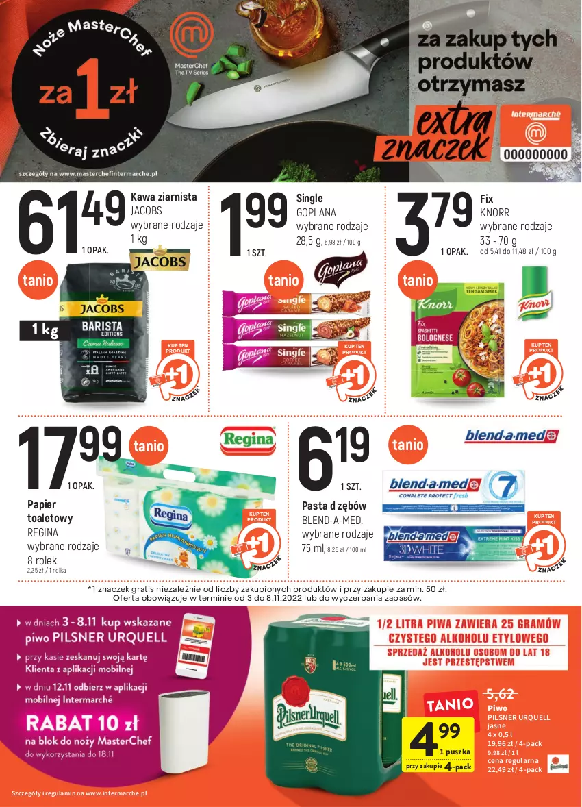 Gazetka promocyjna Intermarche - Gazetka Intermarche - ważna 03.11 do 08.11.2022 - strona 4 - produkty: Blend-a-Med, Gin, Goplana, Gra, Jacobs, Kawa, Kawa ziarnista, Knorr, LANA, Papier, Papier toaletowy, Pilsner Urquell, Piwo