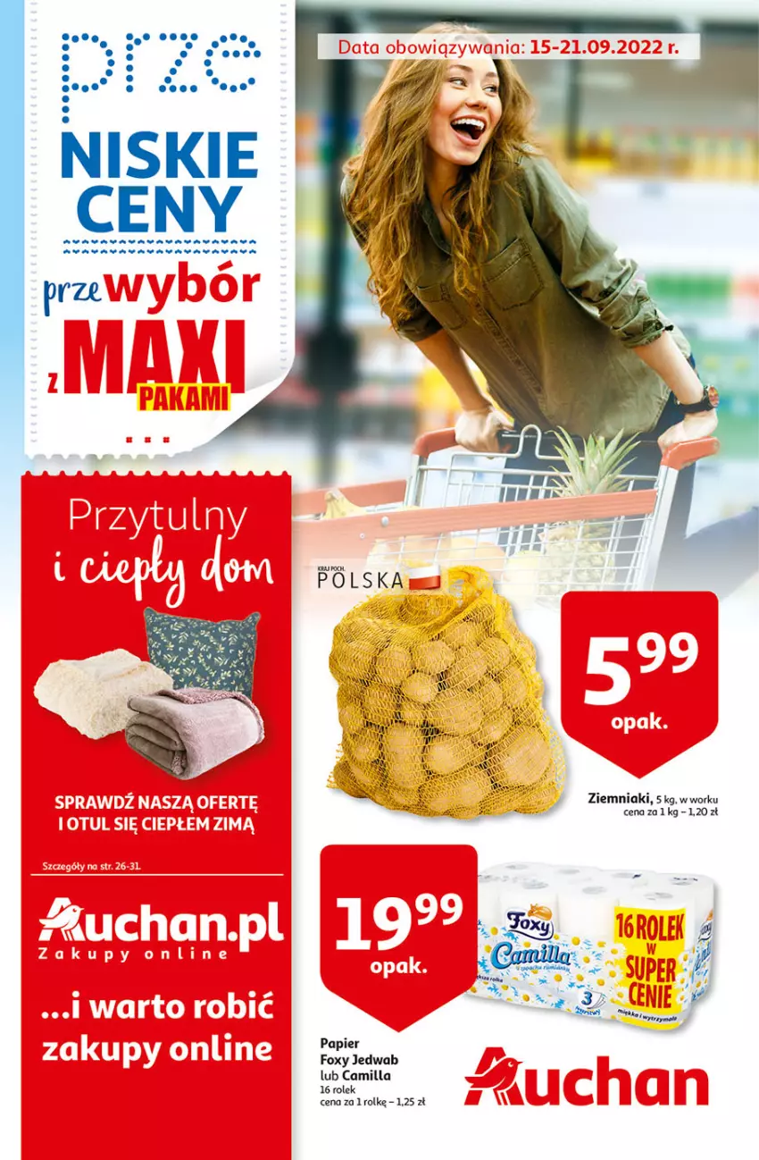 Gazetka promocyjna Auchan - Gazetka przeNISKIE CENY – PrzeWybór z MAXI PAKAMI Hipermarkety - ważna 15.09 do 21.09.2022 - strona 1 - produkty: Foxy, Papier, Ziemniaki