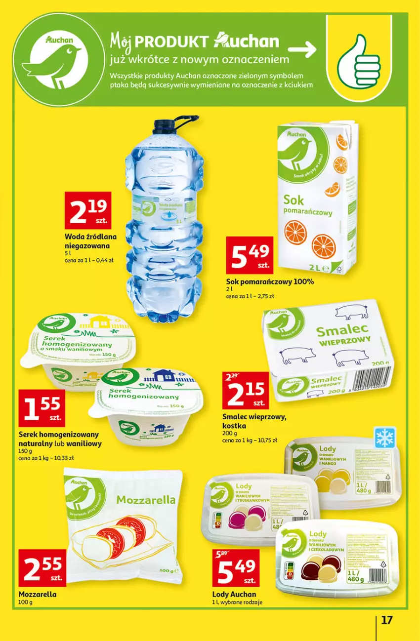 Gazetka promocyjna Auchan - Gazetka przeNISKIE CENY – PrzeWybór z MAXI PAKAMI Hipermarkety - ważna 15.09 do 21.09.2022 - strona 17 - produkty: LANA, Lody, Mango, Mozzarella, Ser, Serek, Serek homogenizowany, Smalec, Sok, Sok pomarańczowy, Woda