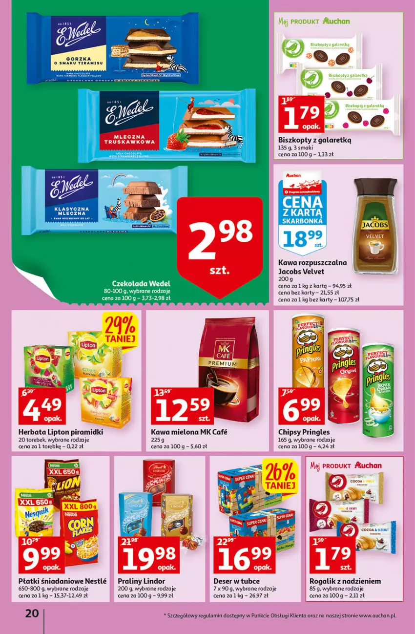 Gazetka promocyjna Auchan - Gazetka przeNISKIE CENY – PrzeWybór z MAXI PAKAMI Hipermarkety - ważna 15.09 do 21.09.2022 - strona 20 - produkty: Biszkopty, Chipsy, Danio, Deser, Gala, Herbata, Jacobs, Jacobs Velvet, Kawa, Kawa mielona, Kawa rozpuszczalna, Lindor, Lipton, Odol, Praliny, Pringles, Rogal, Ser, Velvet