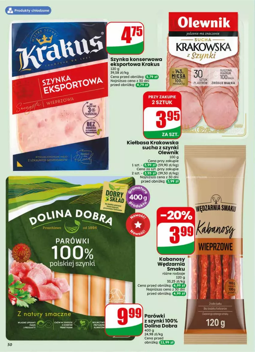 Gazetka promocyjna Dino - Gazetka 20 / 2026 - ważna 13.05 do 19.05.2026 - strona 50 - produkty: Kabanos, Kiełbasa, Kiełbasa krakowska, Krakus, Olewnik, Parówki, Por, Ser, Sport, Szynka, Szynka konserwowa