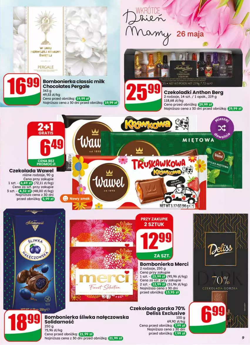 Gazetka promocyjna Dino - Gazetka 20 / 2026 - ważna 13.05 do 19.05.2026 - strona 9 - produkty: Czekolada, Czekolada gorzka, Deliss, Merci, Wawel