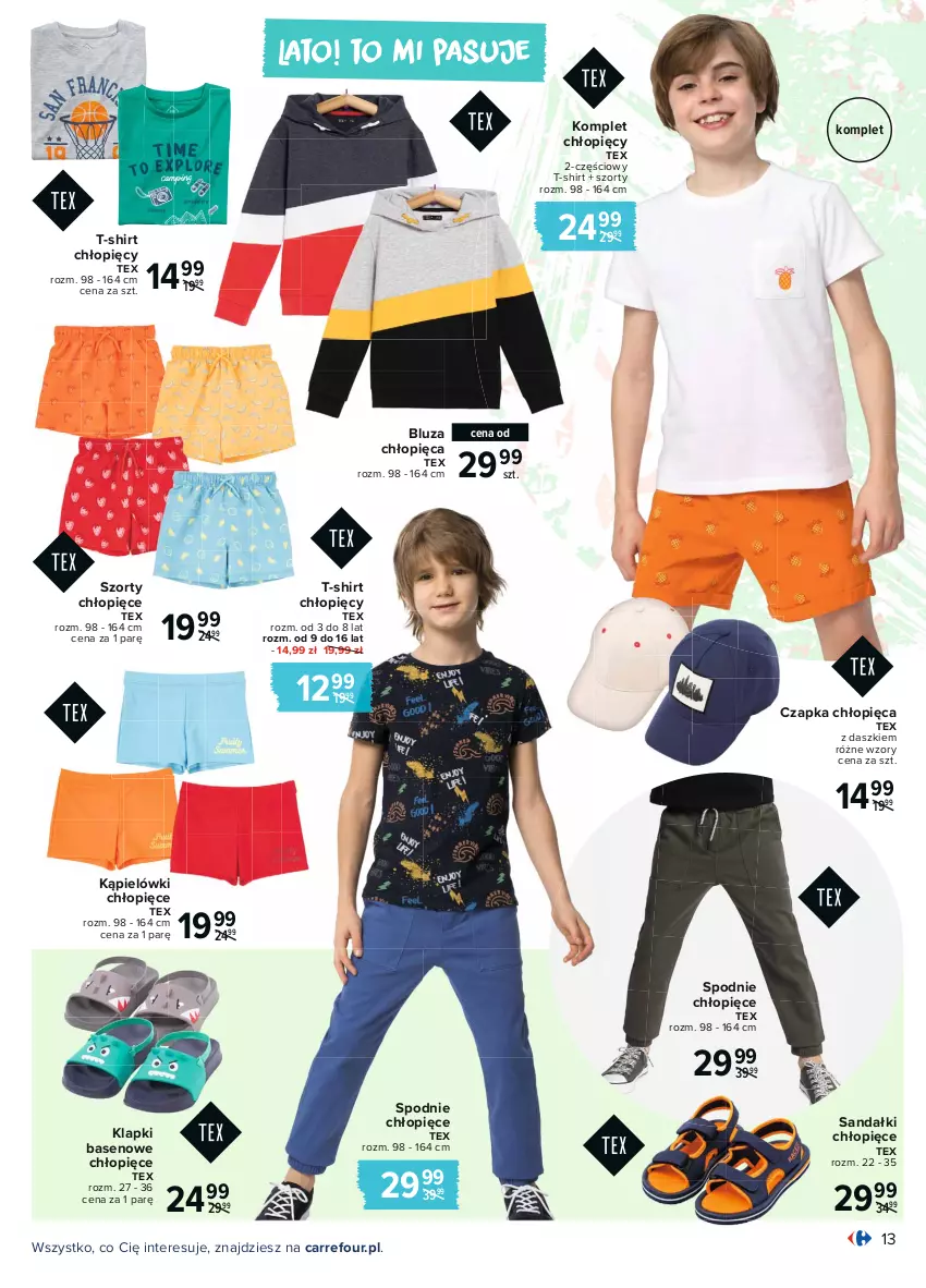 Gazetka promocyjna Carrefour - Gazetka Moda pełna słońca - ważna 03.05 do 15.05.2021 - strona 13 - produkty: Bluza, Czapka, Klapki, Sandał, Spodnie, Szorty, T-shirt