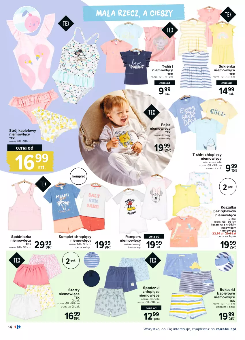 Gazetka promocyjna Carrefour - Gazetka Moda pełna słońca - ważna 03.05 do 15.05.2021 - strona 14 - produkty: Bokserki, Kosz, Koszulka, Pajac, Ser, Strój kąpielowy, Sukienka, Szorty, T-shirt