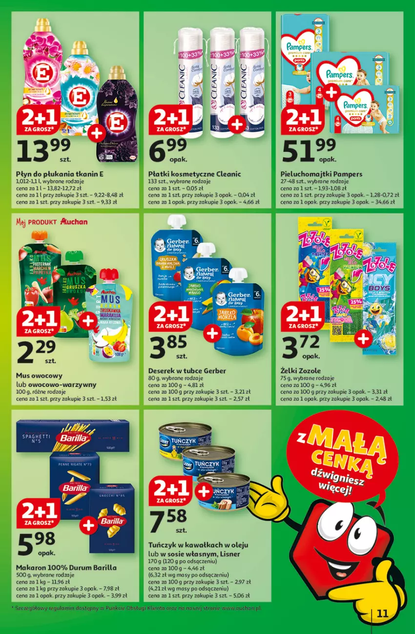 Gazetka promocyjna Auchan - Pewność Niskich Cen Hipermarket - ważna 06.03 do 12.03.2025 - strona 13 - produkty: Barilla, Cleanic, Deser, Fa, Gerber, Kawa, Lisner, Majtki, Makaron, Mus, Olej, Pampers, Pieluchomajtki, Płatki kosmetyczne, Płyn do płukania, Rum, Ser, Serek, Sos, Tran, Tuńczyk