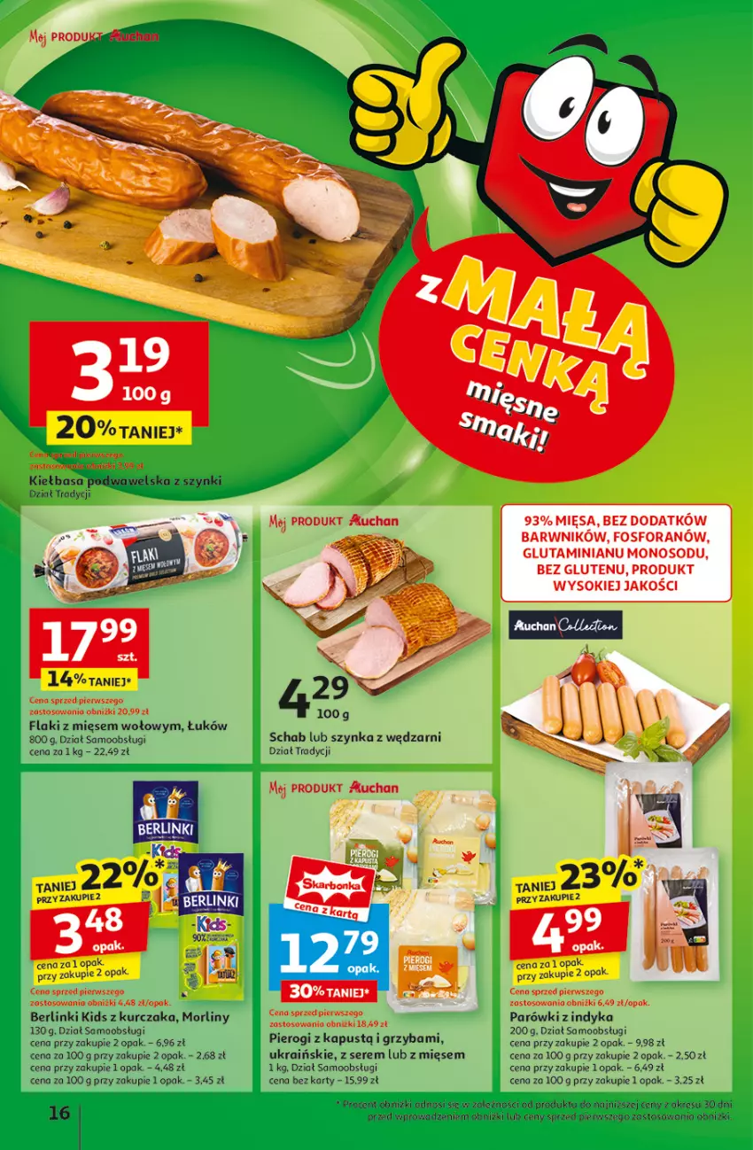 Gazetka promocyjna Auchan - Pewność Niskich Cen Hipermarket - ważna 06.03 do 12.03.2025 - strona 18 - produkty: Berlinki, Flaki, Kapustą, Kiełbasa, Kiełbasa podwawelska, Kurczak, Morliny, Parówki, Parówki z indyka, Pierogi, Ser, Sok, Szynka, Wawel